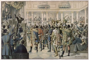 "Vores forslag er vedtaget!", det ungarske parlament i Budapest vedtager lovgivningen om oprettelse af en hær til kamp mod det habsburgske kejserrige, 2. juli 1848, slutningen af det 19. århundrede.